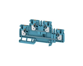 Detaljeret snit af Weidmüller A2T 4 BL PUSH IN gennemgangsklemme, viser Push-in mekanismen og 4mm² tilslutningsstørrelse.