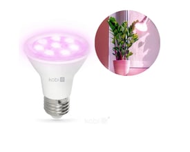 Hvid Kobi PLANTY LED-grolyspære med E27-sokkel og lilla lys til urter og potteplanter.