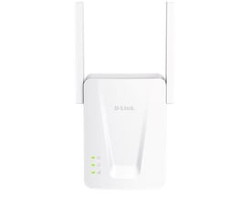 Hvid D-Link SE15/E Wi-Fi-forlænger med to antenner og grønne statuslamper, Wi-Fi 6 og AX1500.