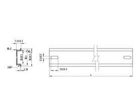 Målskitse af DeLock DIN-skinne i aluminium, 35 x 7,5 mm (19"), med profil og aflange monteringshuller.