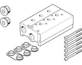 Festo tilslutningsblok VABM-B10-30S-G12-9-P3 med tilbehør som pakning og skruer vist i en isometrisk tegning.