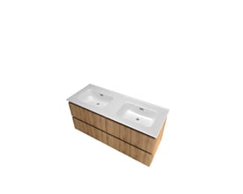 Sanibell Proline møbelsæt i urban eg, 121 cm, med dobbelt porcelænsvask og fire grebsfrie softclose skuffer.