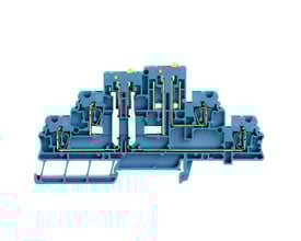 Weidmüller blå test-disconnect terminal med tension-clamp connection for 2,5 mm2 ledere og 16 A, 400 V.