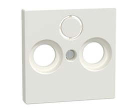 Merten afdækningsplade til radio og TV-stik fra Lauritz Knudsen i polarhvid polycarbonat med tre cirkulære åbninger og en central knap.