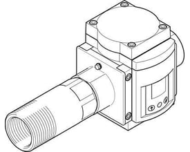 Festo flow sensor SFAM-90-10000L-TG112-2S& med gevindtilslutning og display på hvid baggrund.