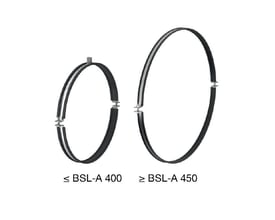 Flamco BSL-A rørbøjler i to forskellige størrelser for 100 mm rør, vist på hvid baggrund med tekst.