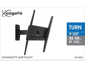 Vogels MA3030 universal vægbeslag til TV i sort, der viser dets 120° drejefunktion og egnethed til 32-55 tommer skærme.