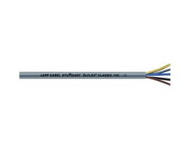 Lapp Olflex Classic 100 kabel med grå yderkappe og synlige ledere i blå, gul og brun på hvid baggrund.