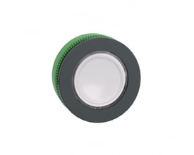 Schneider Electric Harmony XB5/ZB5 flush trykknap, hvid, med grøn bagmonteringsring, set direkte forfra på en hvid baggrund.