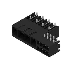 Weidmüllers sorte hybridstik til printkort med fire poler og 7,62 mm afstand, vist skråt med metalbenene synlige.