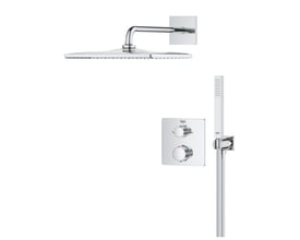 Grohe Precision termostat komplet brusersystem til indbygning i blank krom finish, med firkantet hovedbruser og stick håndbruser.