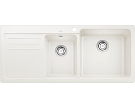 Hvid BLANCO NAYA 8S UX køkkenvask i SILGRANIT® med to kummer og afløbsbakke, set ovenfra.