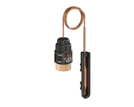 Danfoss QT føler med justeringsskala fra MIN til MAX og mærkning for 35-50 grader C, forbundet til en kobberføler i en sort beskytter.