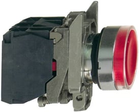 Schneider Electric XB4BW34G5 lampetryk i rødt med 120V LED, set fra siden med monteringsdetaljer.