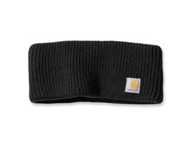 Sort, ribstrikket pandebånd fra Carhartt med en diskret Carhartt logo-mærkat på fronten, fremstillet i 100% akryl.