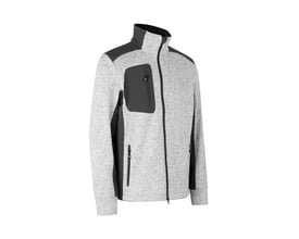 Grå melange strikfleece cardigan fra ID Identity med sorte kontrastdetaljer, høj krave og lynlåslukning forfra.