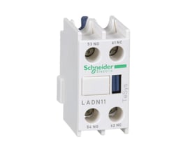 Schneider hjælpeblok LADN11 med 1 slutte og 1 bryde kontakt, hvidt hus med grøn Schneider Electric logo og synlige skrueterminaler.