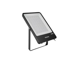 Sort Philips Ledinaire BVP166 LED-projektør med montagebøjle, set skråt forfra; asymmetrisk lysfordeling, 500 W og 60.000 lm.