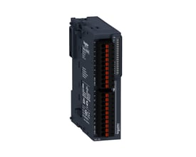 Detaljeret billede af Schneider Electric TM3-modul DI16, der viser fjederklemmerne mærket 0-15 og COM. Modulet har en 24V DC IN indikation på forsiden.