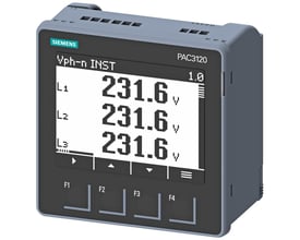 Siemens SENTRON PAC3120 strømovervågningsenhed med LCD-skærm, der viser L1, L2 og L3 spændinger på 231.6V.