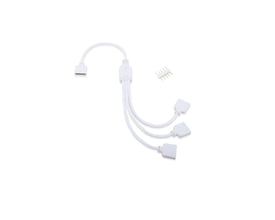 Hvid RGB+WW 3-vejs kabelsplitter til LED-belysning med ét indgangsstik og tre udgange.