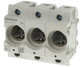 Siemens 3-polet NEOZED sikringsholder model 5SG5 702-1 i grå hærdeplast, designet til D02 sikringer på 63A og 400V a.c. / 250V d.c..
