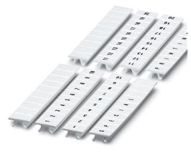 Detaljeret visning af Phoenix Contact ZB 6 mærkestrimler, der viser numrene 1-20 og 'SPECIAL' på hvide PA-strimler til elektrisk mærkning.