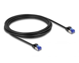 Sort, slankt Delock Cat.6A S/FTP-netværkskabel på 3 meter ligger løst med begge RJ45-stik synlige.