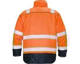 Kansas Fristads Hi-Vis vinterjakke i orange/marine, klasse 3, med refleksbånd over skuldre og ærmer, og mørkeblå detaljer forneden.
