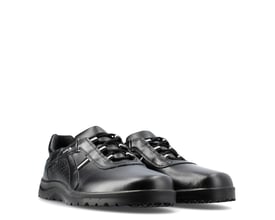 Sika Fusion snøresko i sort, størrelse 44, lavet af glat læder med sorte snørebånd og hvide striber på snørebåndene.