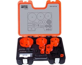 Bahco Sandflex® bi-metal hulsavesæt 3834-SET-86 med hulsave i flere størrelser og tilbehør i en åben orange og sort kuffert.
