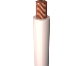 Nærbillede af H07Z-K 1x1,5 monteringsledning med hvid, halogenfri isolering og en kobberleder synlig i enden.