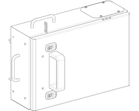 Detaljeret illustration af Schneider Electric AFG B afgangsboks, der viser dens kompakte design med bærehåndtag og tilslutningsporte.