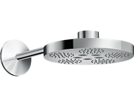 Nærbillede af AXOR One krom hovedbruser med 280mm diameter og to stråletyper, PowderRain og Rain, monteret på vægbeslag.