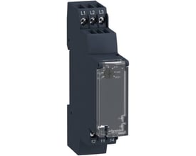 Schneider Electric kontrolrelæ RM17TT00 med terminaler L1, L2, L3 i toppen og markeringer 11, 12, 14 i bunden, grå plast.