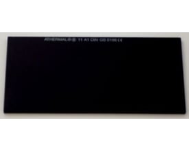 Svejseglas med DIN 11 og størrelse 60 x 110 mm, viser mærkningen ATHERMAL® 11 A1 DIN GS 0108 CE.