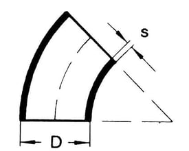 Teknisk tegning af Indura svejsebøjning 133 mm x 4 mm med 45° bøjning og markeringer for diameter D og godstykkelse S.
