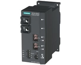 Siemens SCALANCE X202-2P IRT managed switch med RJ45- og POF SC RJ-porte, vist på hvid baggrund.