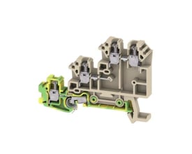 Weidmüller DLA 2,5 DB actuator-klemme i mørk beige med synlige skruetilslutninger og grøn-gul del.