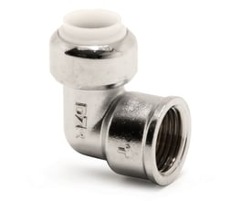 VSH Tectite vinkelmuffe i krom med en 15 mm x ½" samling, der viser gevinddetaljer og hvidt indre.