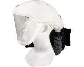 Sidevisning af OX-ON Hood H1 comfort hoveddel, vist med tilkobling til luftslange og bagmonteret Comfort Air system.