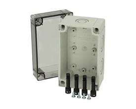 Fibox MNX kapsling med transparent dæksel, lys grå polycarbonat, mål 130x80x75mm, vist åben med monteringsskruer og rawlplugs.