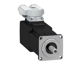 Schneider Electric Servo motor SH3 040 med 0,18Nm, IP54/IP65 tæthedsklasse og 90° stik monteret på hvid baggrund.
