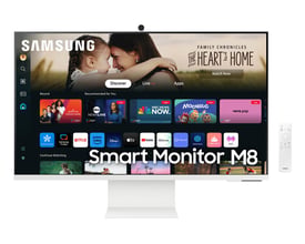 Hvid Samsung M80D computerskærm på fod set forfra med 32-tommers skærm, smartmenu og fjernbetjening ved siden af.