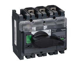 Schneider Electric INV200 lastadskiller, 3-polet, med sort håndtag og transparent dæksel viser ON/OFF funktion.