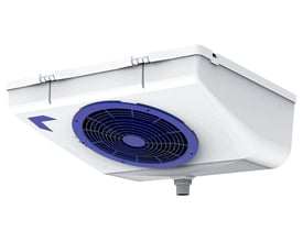 Friga Bohn AZUR M 75 R-fordamper med skråt, hvidt kabinet og blå ventilator set nedefra.