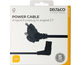 Deltaco strømkabel i original emballage, viser sort kabel med vinklede Europlug til C7 stik og 1,5m længde.