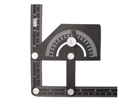 Diesella justerbar vinkelmåler i aluminium med tydelige graderinger og to justerbare skinner monteret i 90 graders vinkel.