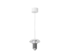 Globe Rome-pendel med hvid loftskop, ledning og synlig cylindrisk lyskilde med lodrette ribber.