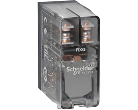 Detalje af Schneider Electric Harmony RXG stikbensrelæ RXG25B7, med fokus på mærkning som CE og EAC, samt tekniske specifikationer for 5A 250VAC.